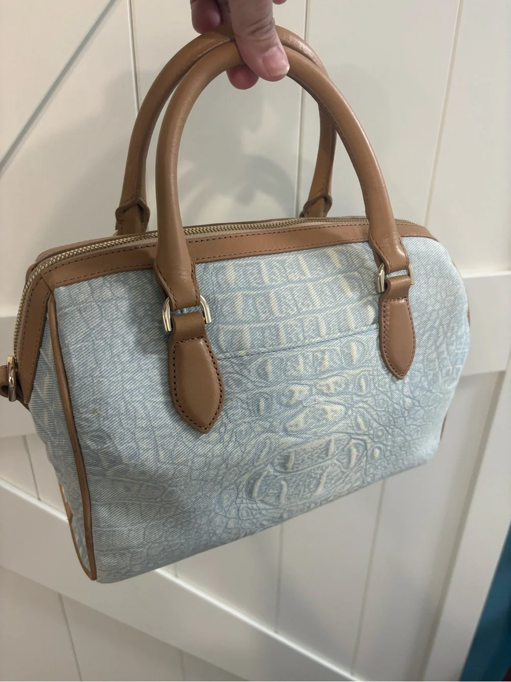 Brahmin Denim Light Blue Croc-Print Satchel Tote with Tan Trim HTF!